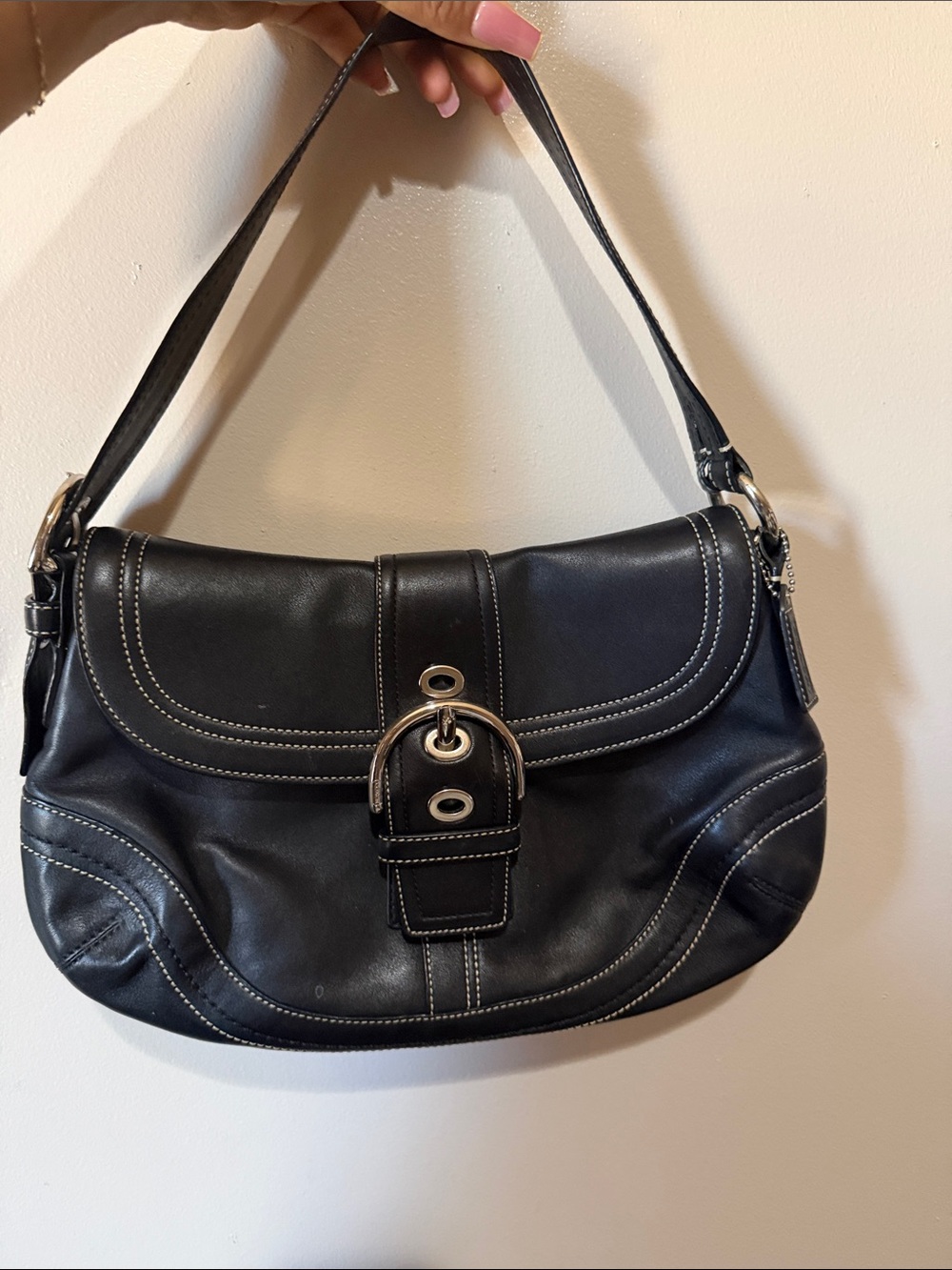 Black Leather Shoulder Bag with Silver Buckle